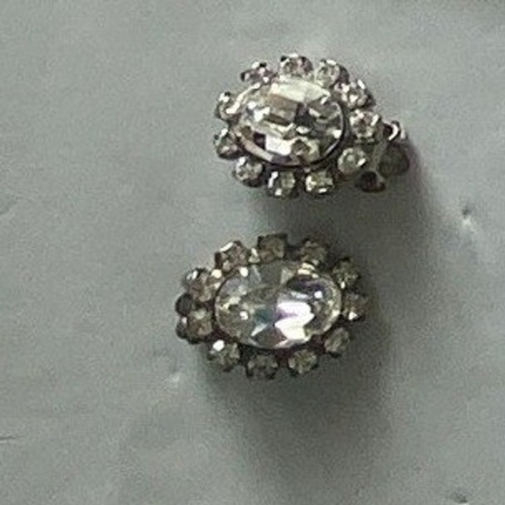 Pair of Vintage Clip On Earrings Ornate Silver Tone Rhinestone Accent